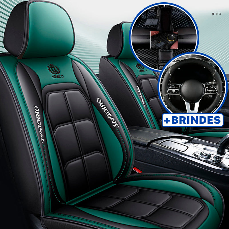 Capa Universal Completa Para Carro Thunder em Couro Legítimo e AirBag +BRINDES: 3 Tapetes Para Carro e Capa de Volante